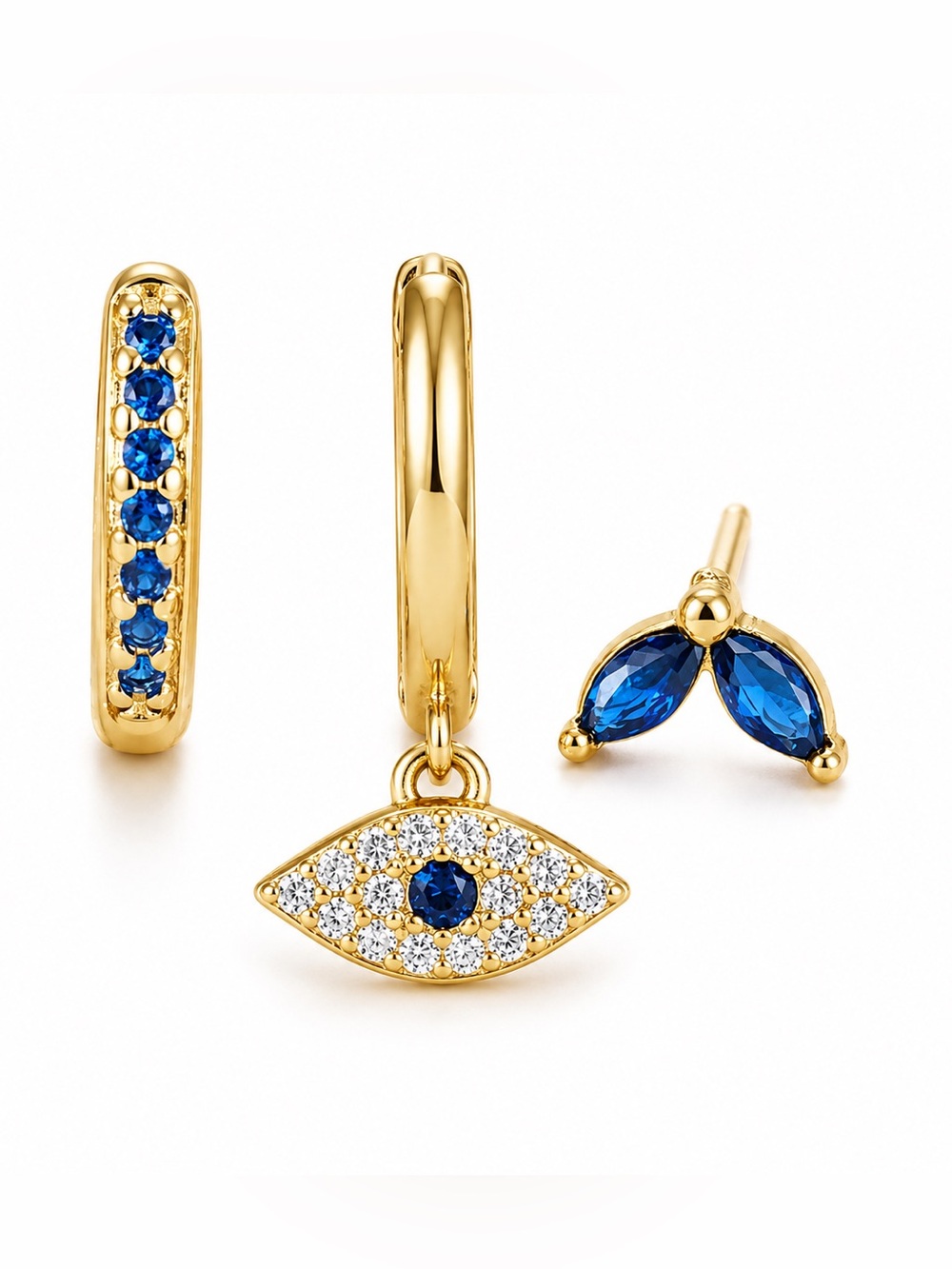 Gold and Blue Evil Eye & Crystal Trio Earring Set